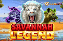 a slot game called savannah legend has a zebra a lion and a hyena