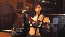 a woman in a video game is standing in front of a bottle of wine