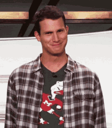 a man wearing a plaid shirt and a green shirt with a hockey player on it
