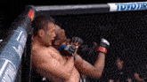 two men are fighting in a cage with toyota advertisements on the fence