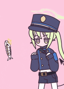 a cartoon of a girl in a police uniform holding a weapon with the word weak on it