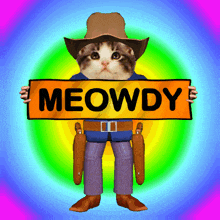 a cat wearing a cowboy hat holds a sign that says meowdy