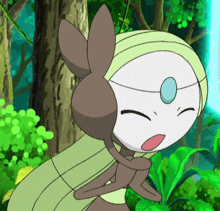 a cartoon character is standing in the woods with her eyes closed and her mouth open .