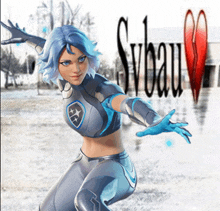 a woman in a superhero costume stands in front of a sign that says svbaum
