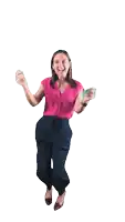 a woman in a pink top and black pants is jumping with her arms in the air