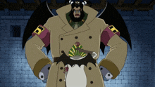 a cartoon character with horns and a letter b on his arm