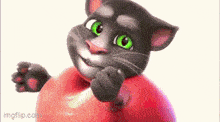 a talking tom cat is holding a red ball .