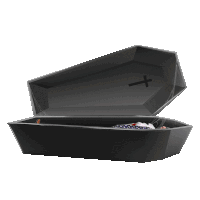 a man in a coffin with a cross on the lid
