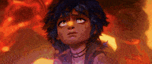 a close up of a cartoon character with blue hair looking up at something .
