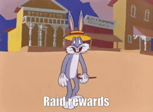 bugs bunny is standing in front of a building that says raid rewards on it