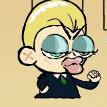 a cartoon of a man in a suit and tie making a funny face with his fist in the air .