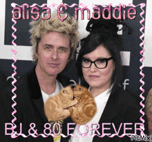 a picture of a man and a woman with a cat in front of them with the caption " alisa and maddie bj & 80 forever "
