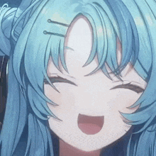 a close up of a blue haired anime girl smiling with her mouth open .