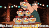a cartoon of a man holding a knife next to a sign that says man i can t wait to smash