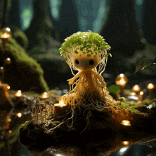a doll with a plant on its head sits on a mossy rock
