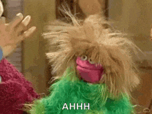 a stuffed animal with a pink face and green fur is talking to a person .