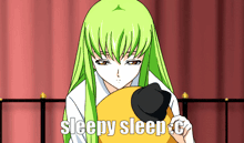 a picture of a girl with green hair and the words sleepy sleep on the bottom