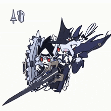 a drawing of a witch holding a sword and a shield with the number 40 below her