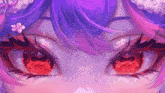 a close up of a girl 's eyes with purple hair and red eyes