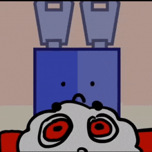 a cartoon drawing of a person with red eyes and a blue box in the background