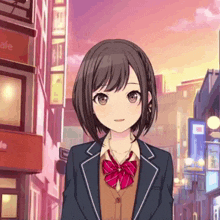 a girl in a school uniform stands in front of a cafe