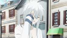 a white haired anime character is covering his face with his hand