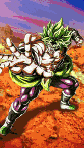 a cartoon character with green hair and purple pants is standing in the desert