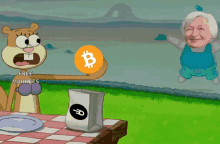 a cartoon of spongebob holding a coin with a b on it