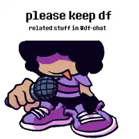 a cartoon character is singing into a microphone with the words please keep df related stuff in #df-chat below him
