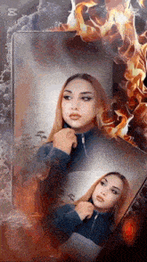 a woman in a blue jacket stands in front of a fire background