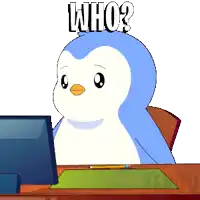 a cartoon penguin is sitting at a desk with a computer monitor and the words " who " above him