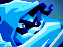 a cartoon drawing of a blue monster with horns and blue eyes