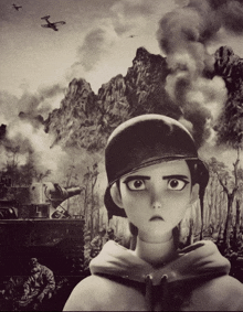 a black and white drawing of a girl in a military uniform with mountains in the background