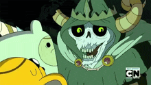 a cartoon of a skeleton king with horns and a crown on his head .