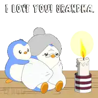 a penguin is hugging an elderly woman next to a lit candle