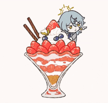a drawing of a giant ice cream sundae with strawberries and blueberries