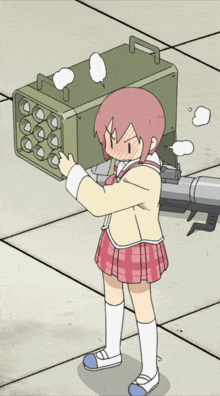 a girl with pink hair is holding a green box with a handle