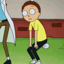 a cartoon character from rick and morty is squatting on the grass .