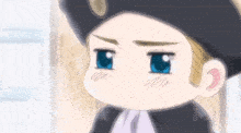 a cartoon character with blue eyes and a hat