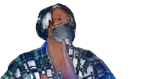 a man wearing a plaid shirt and a mask is giving a high five