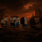 a group of cartoon characters standing in front of a fire