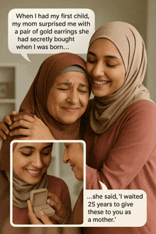 a woman is giving a pair of gold earrings to her mother who is crying