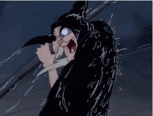 a cartoon character is holding a sword in the rain .