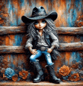 a painting of a doll wearing a cowboy hat and cowboy boots