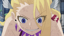 a girl with blonde hair and blue eyes looks angry