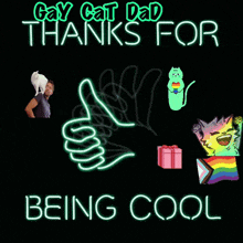 a neon sign that says ' gay cat dad thanks for being cool ' on it