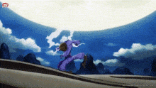 a person in a purple outfit is standing in front of a large white lightning bolt in a cartoon .