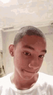 a young man with a shaved head looks at the camera