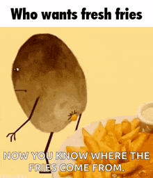 a potato with arms and legs is walking next to a plate of french fries .
