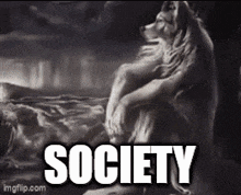 a black and white photo of a wolf with the word society written below it